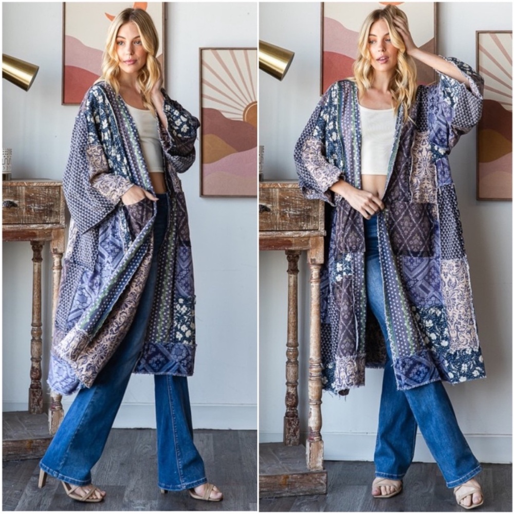 NWT! Oli & Hali Floral Print Patchwork Pockets Blue Open Front Cardigan Trench - Picture 3 of 3